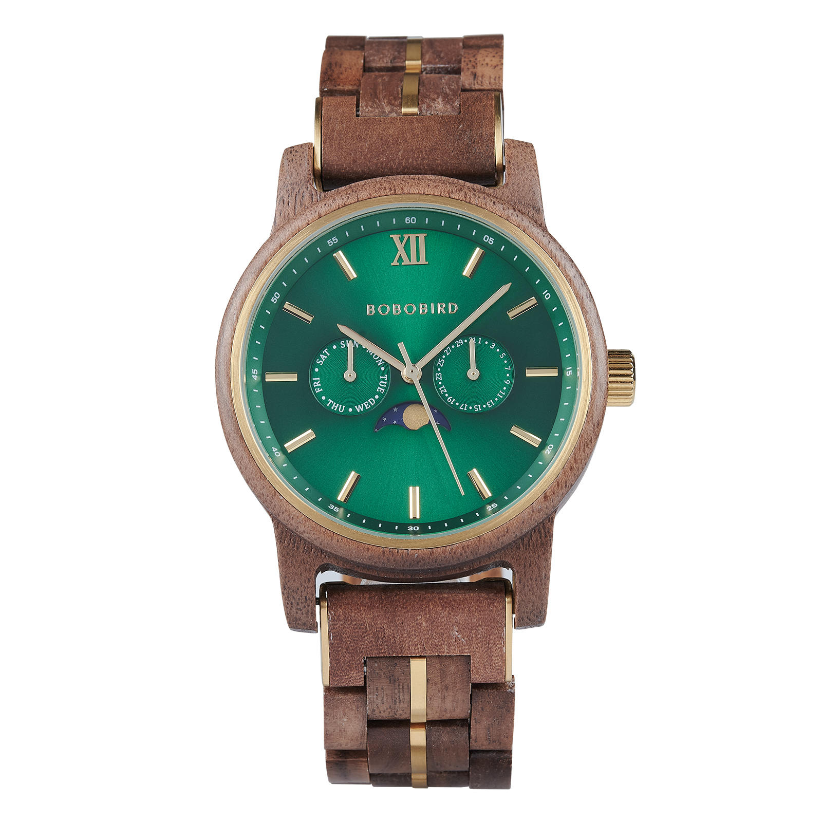 BOBO BIRD Men’s Wooden Watches Classic Japanese Miyota advanced Moonphase Movement Walnut Wood Green Sunburst Dial