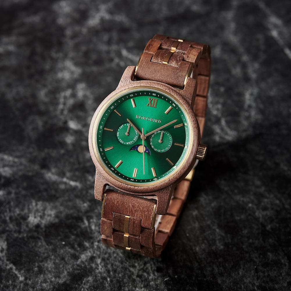 BOBO BIRD Mens Wooden Watches Classic Japanese Miyota advanced Moonphase Movement Walnut Wood Green Sunburst Dial – Hunter 2