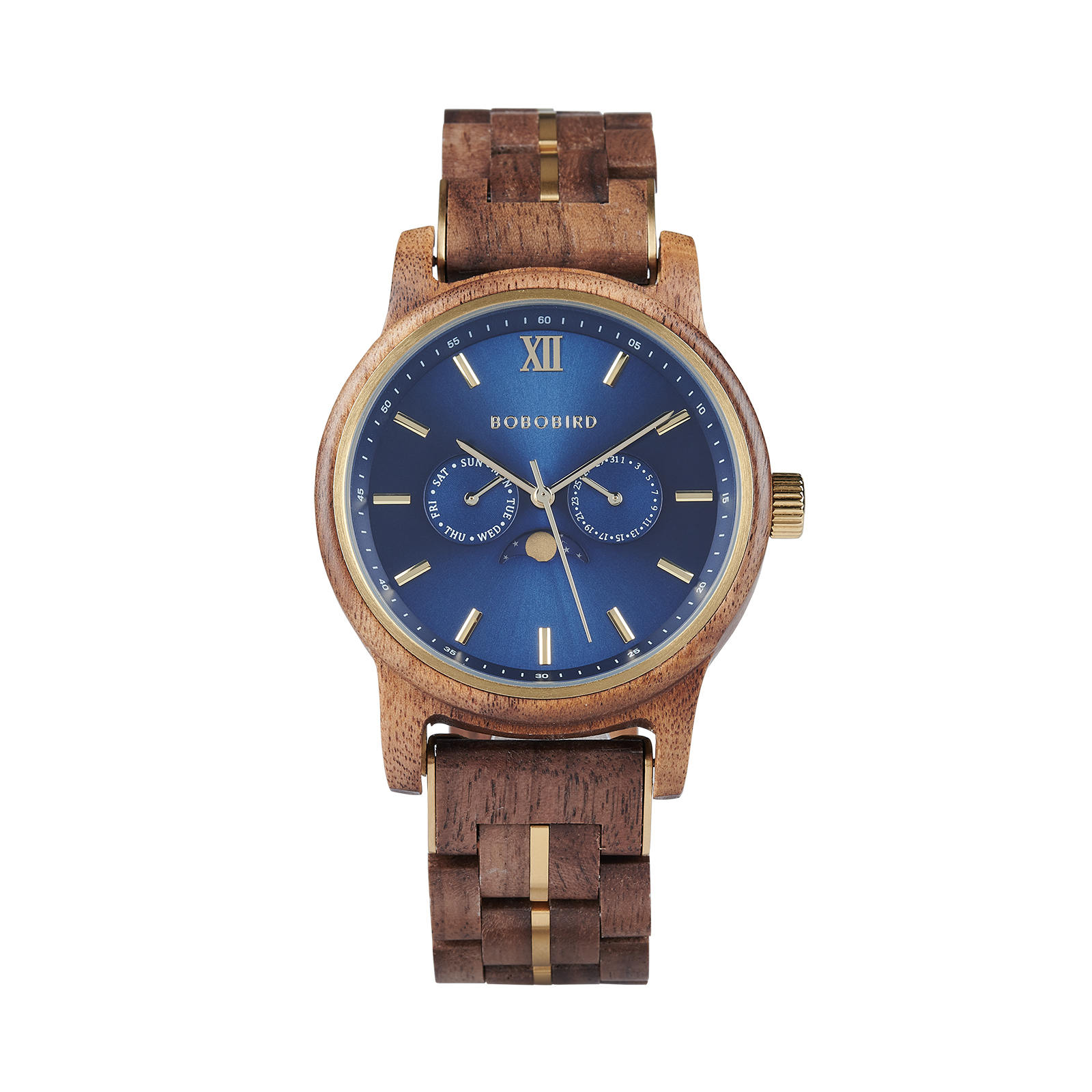 BOBO BIRD Mens Wooden Watches Classic Moonphase Movement Kosso Wood Blue Dial Sailor 12