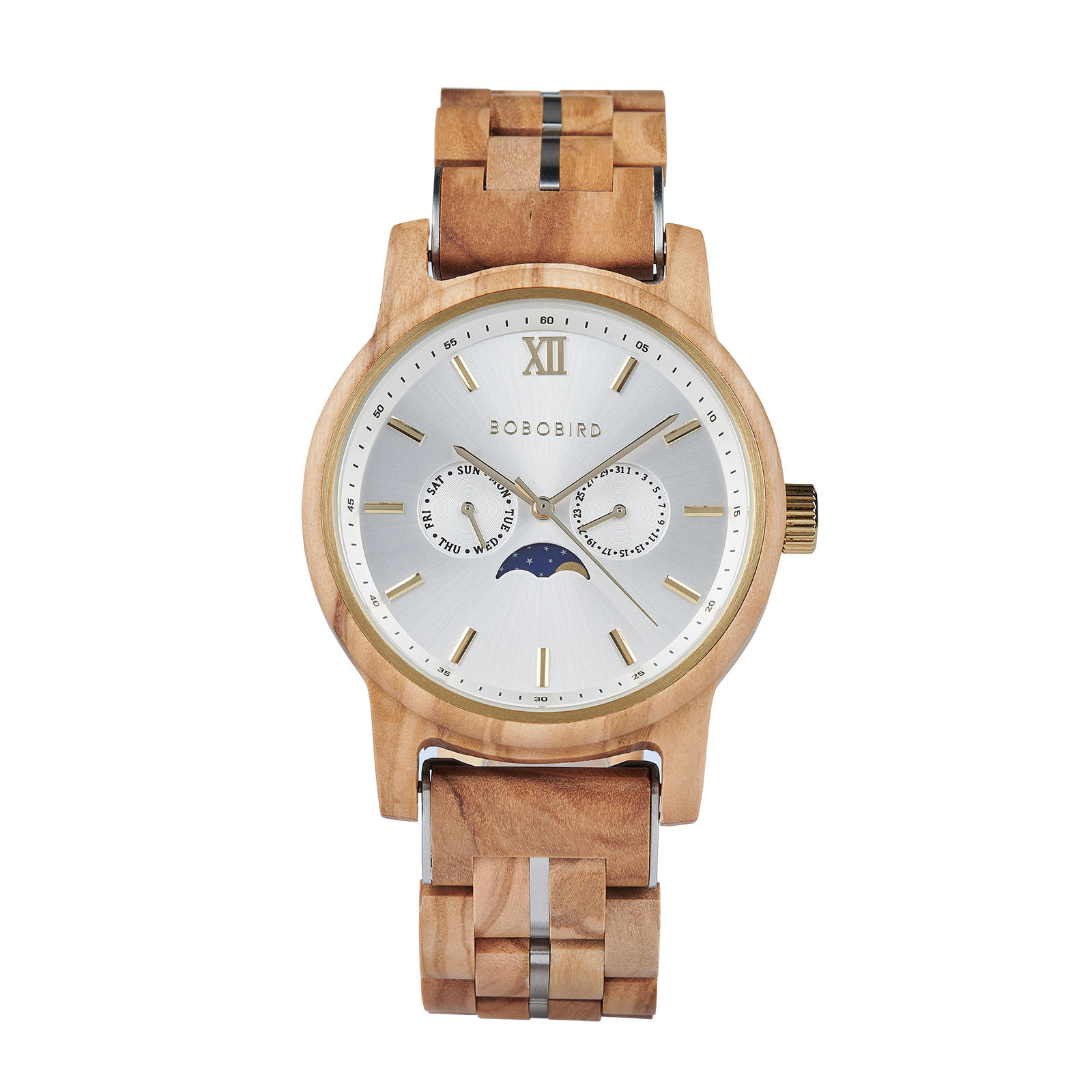 BOBO BIRD Mens Wooden Watches Classic Moonphase Movement Olivewood Silver Sunburst Dial – Bay 12