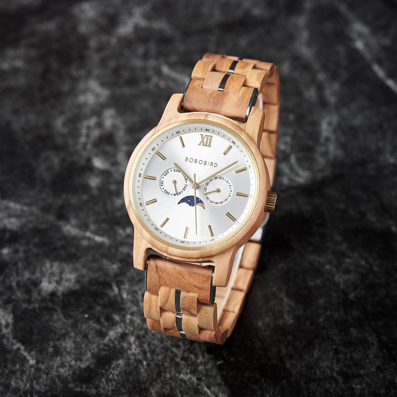 BOBO BIRD Mens Wooden Watches Classic Moonphase Movement Olivewood Silver Sunburst Dial – Bay 2