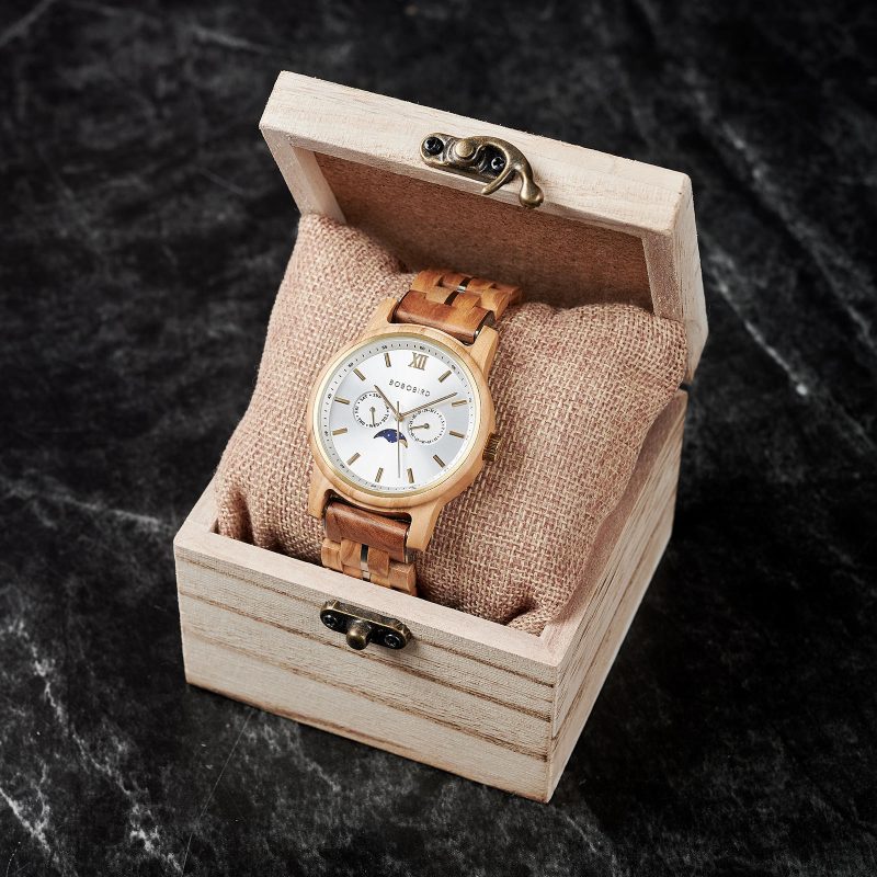 BOBO BIRD Men’s Wooden Watches Classic Moonphase Movement Olivewood Silver Sunburst Dial – Bay_5
