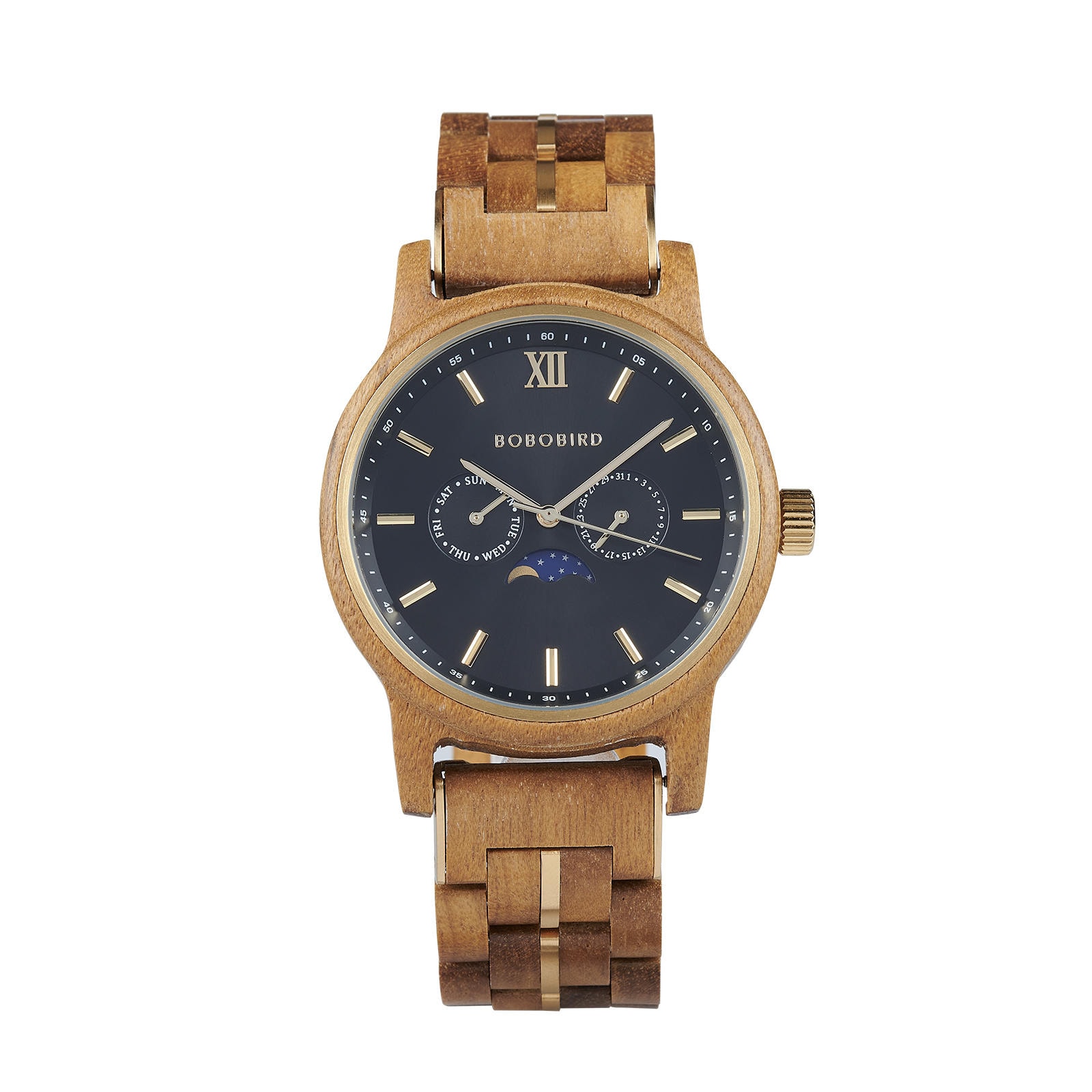 BOBO BIRD Mens Wooden Watches Classic Moonphase Movement Teak wood Black Sunburst Dial – Maverick 12