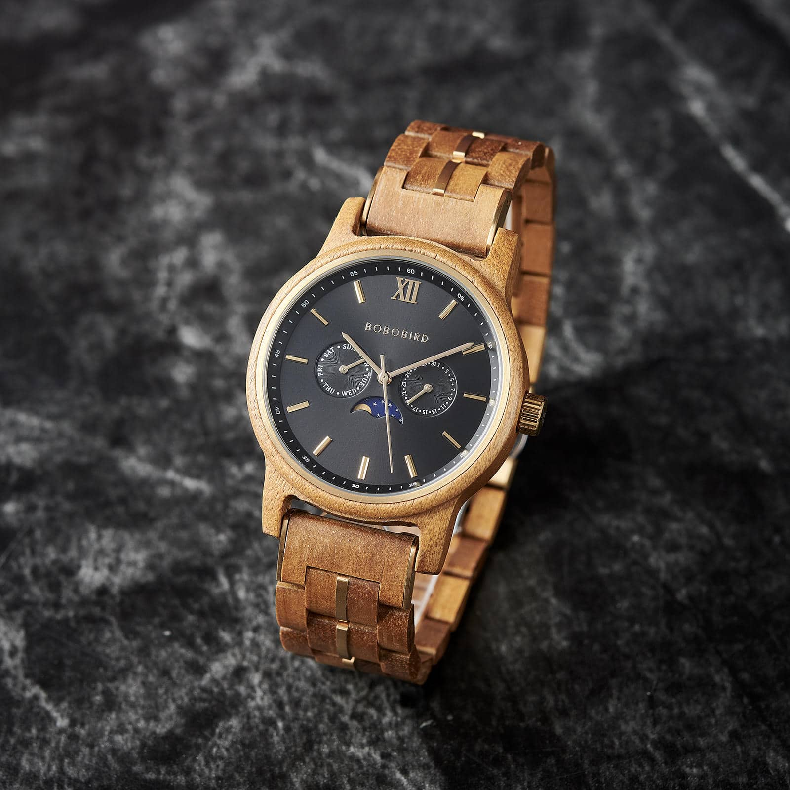 BOBO BIRD Mens Wooden Watches Classic Moonphase Movement Teak wood Black Sunburst Dial – Maverick 2