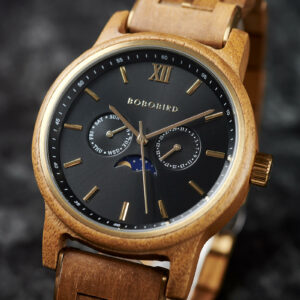 BOBO BIRD Men’s Wooden Watches Classic Moonphase Movement Teak wood Black Sunburst Dial – Maverick_6