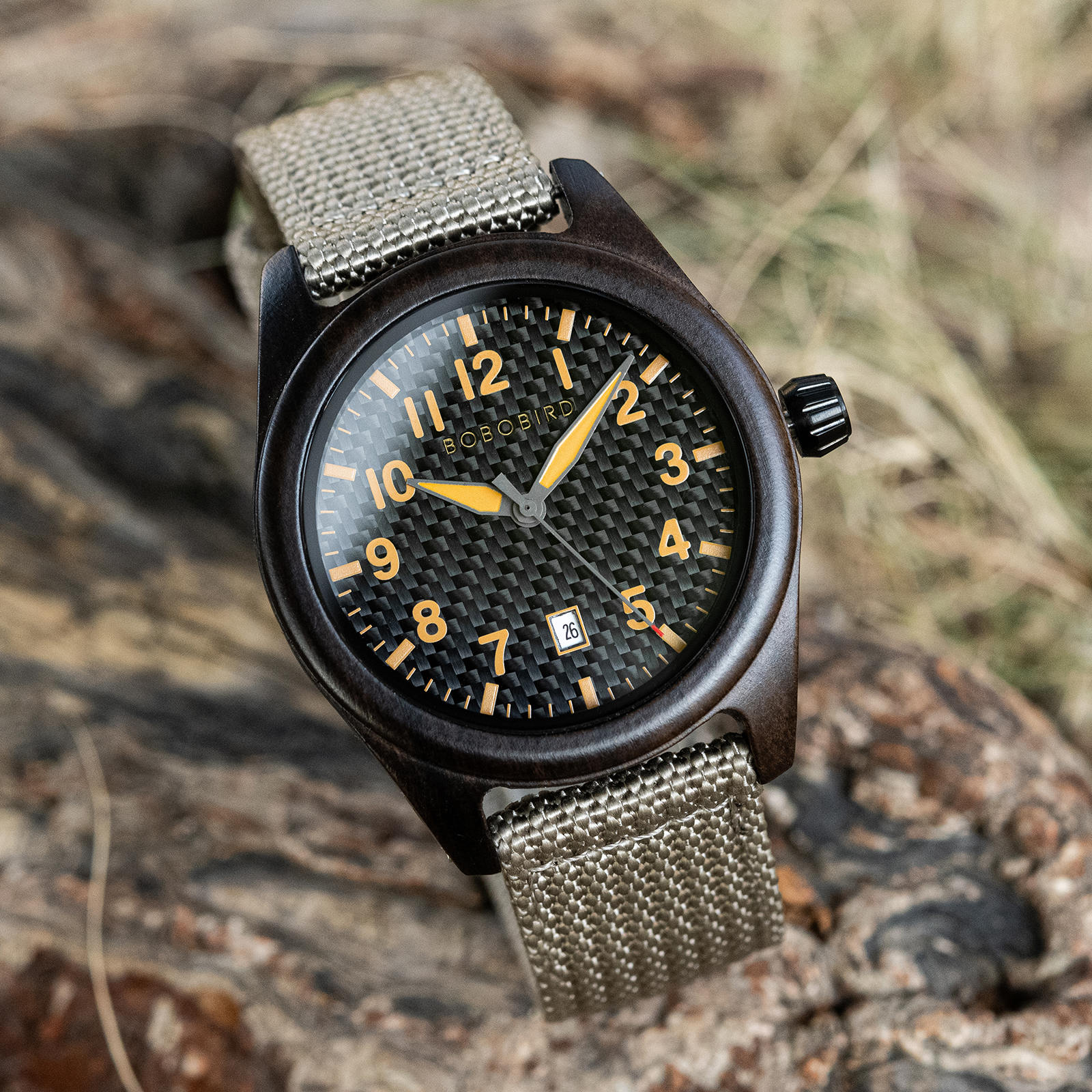 BOBOBIRD Ebony Wood Case Black Nylon Watch 6