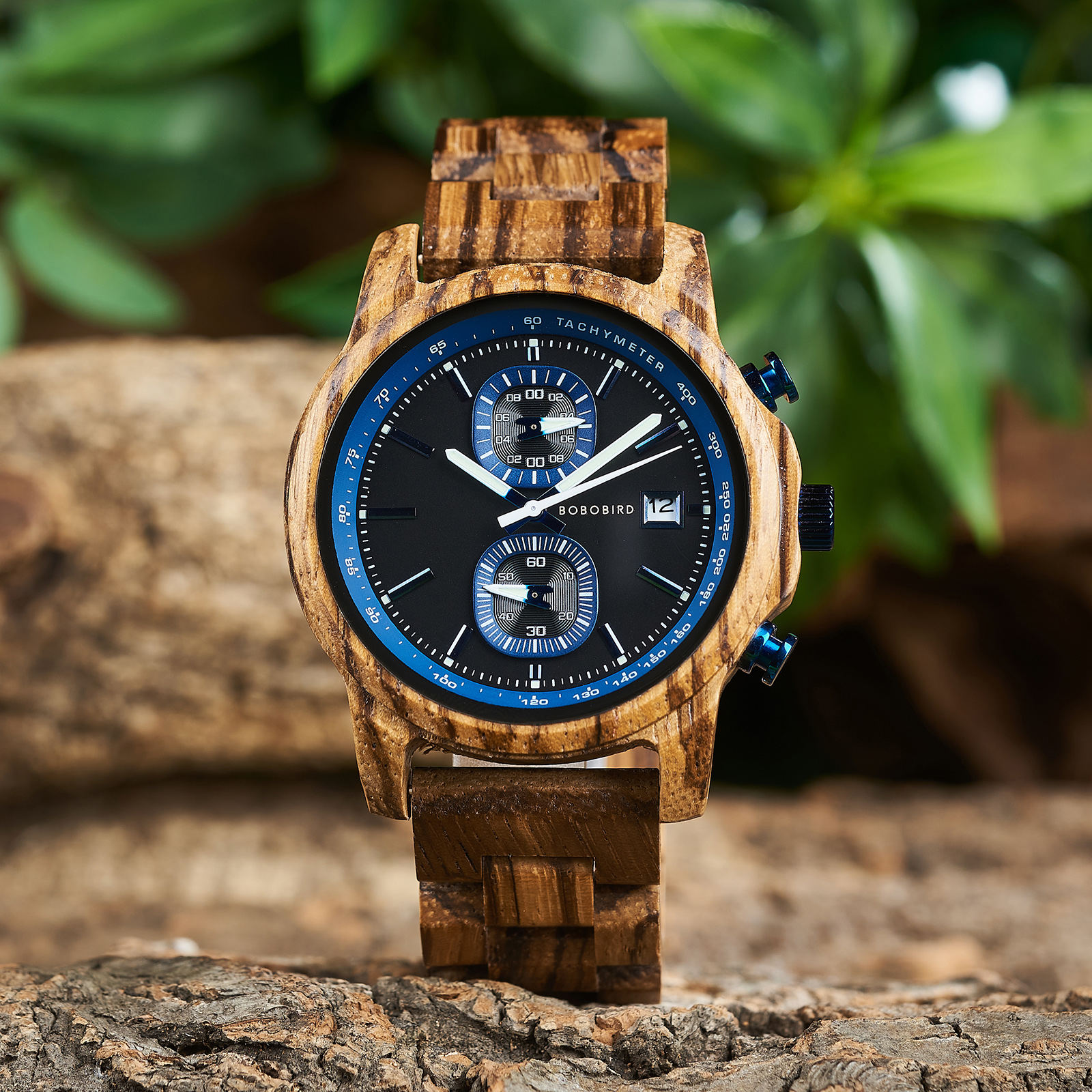 BOBOBIRD Wooden Chronograph Watch for Men Tachymeter Date Display 24