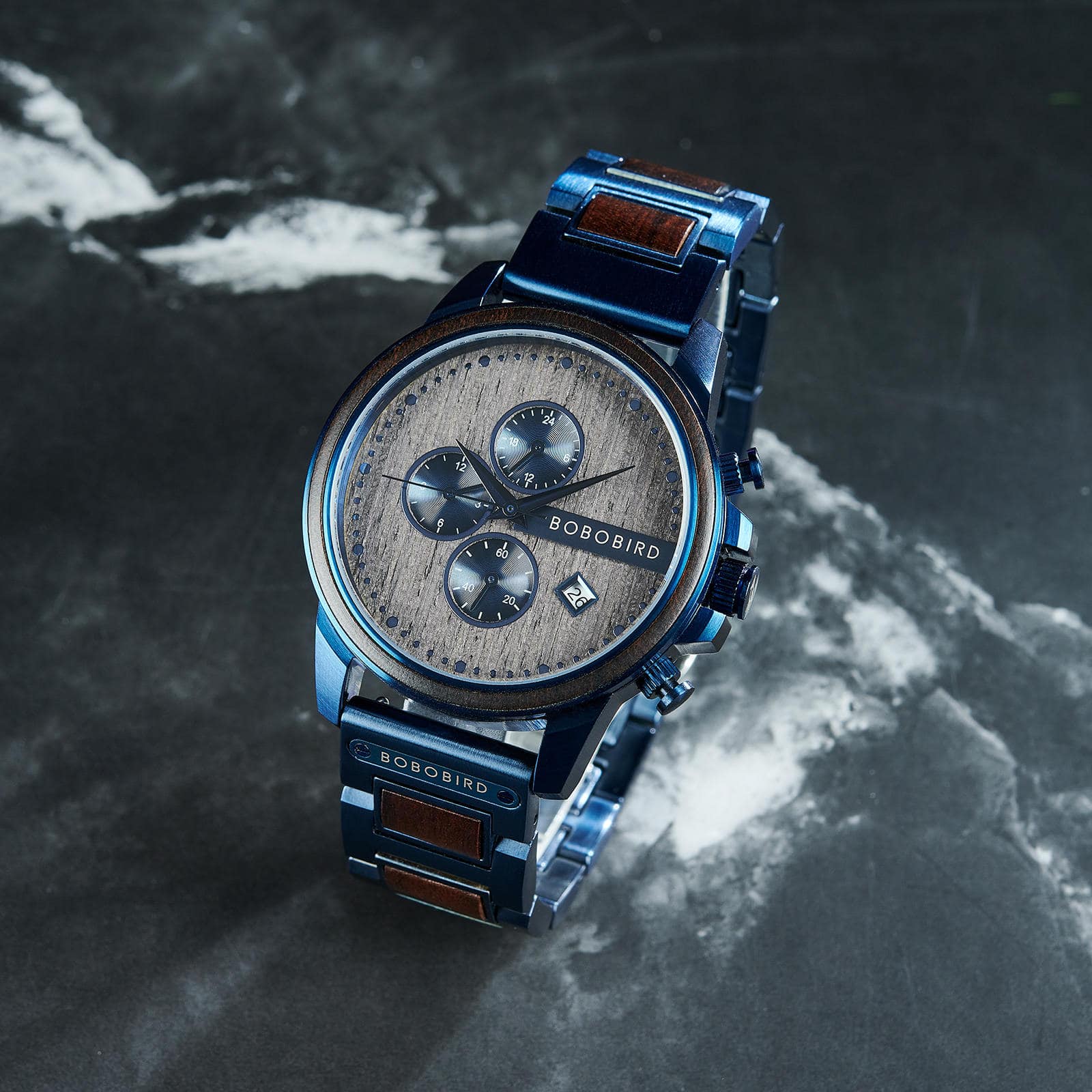 Classic Calendar Chronograph Wood Watch Ebony Dial Blue 45MM Limited Edition 5