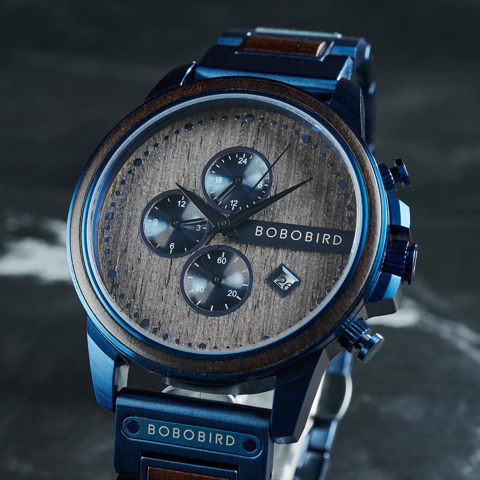 Classic Calendar Chronograph Wood Watch Ebony Dial Blue 45MM Limited Edition 7