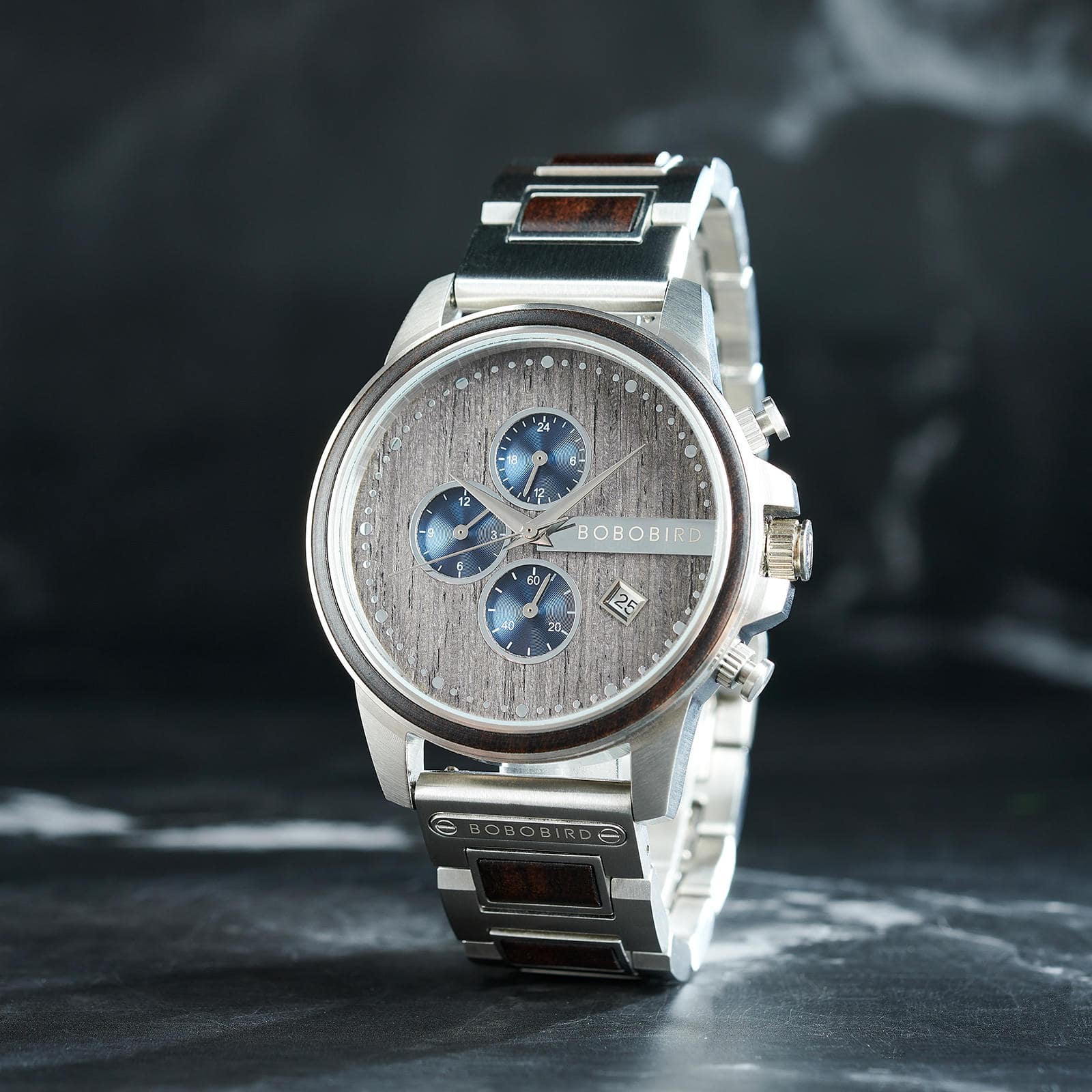 Classic Calendar Chronograph Wood Watch Ebony Dial Stainless Steel 45MM Limited Edition 3