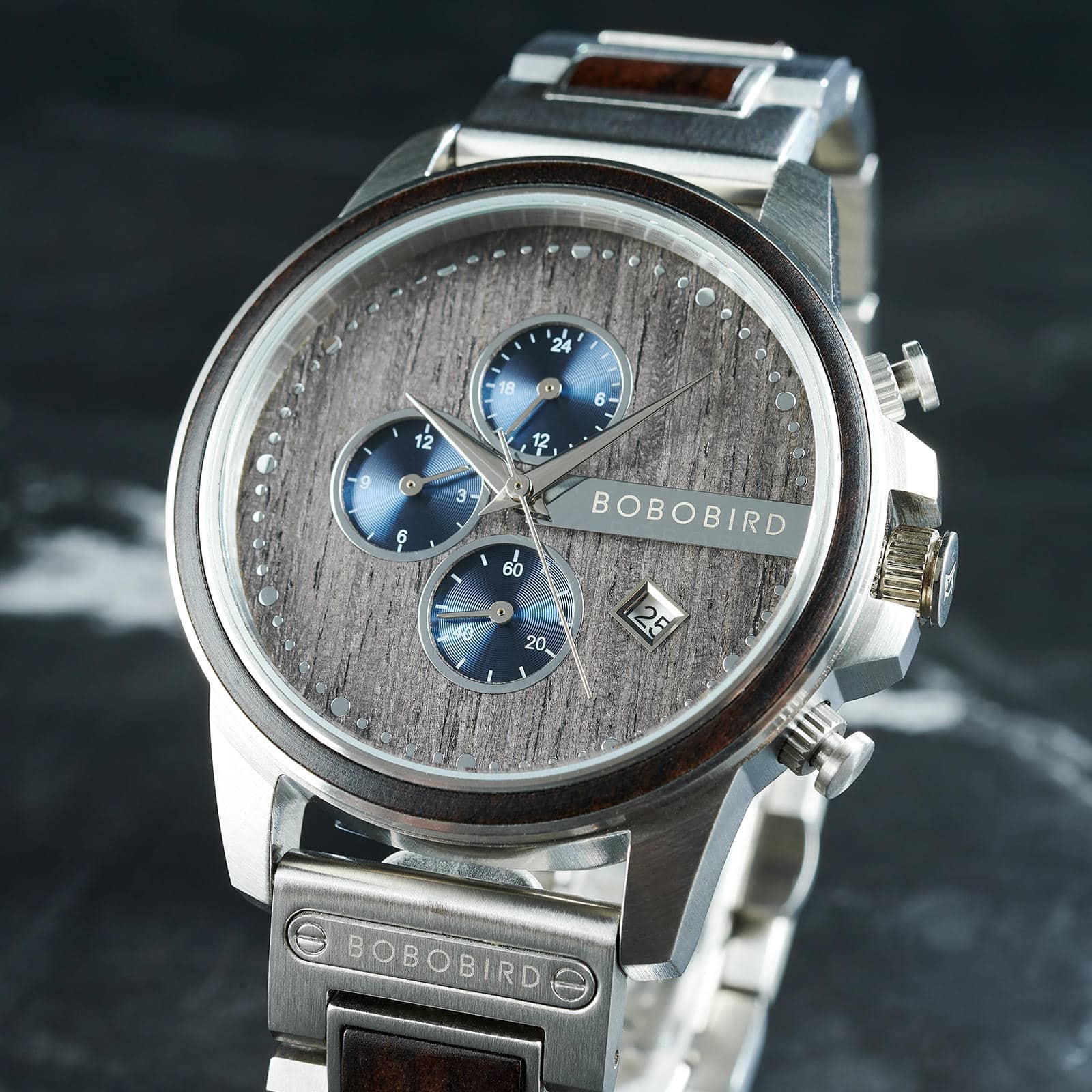 Classic Calendar Chronograph Wood Watch Ebony Dial Stainless Steel 45MM Limited Edition 7
