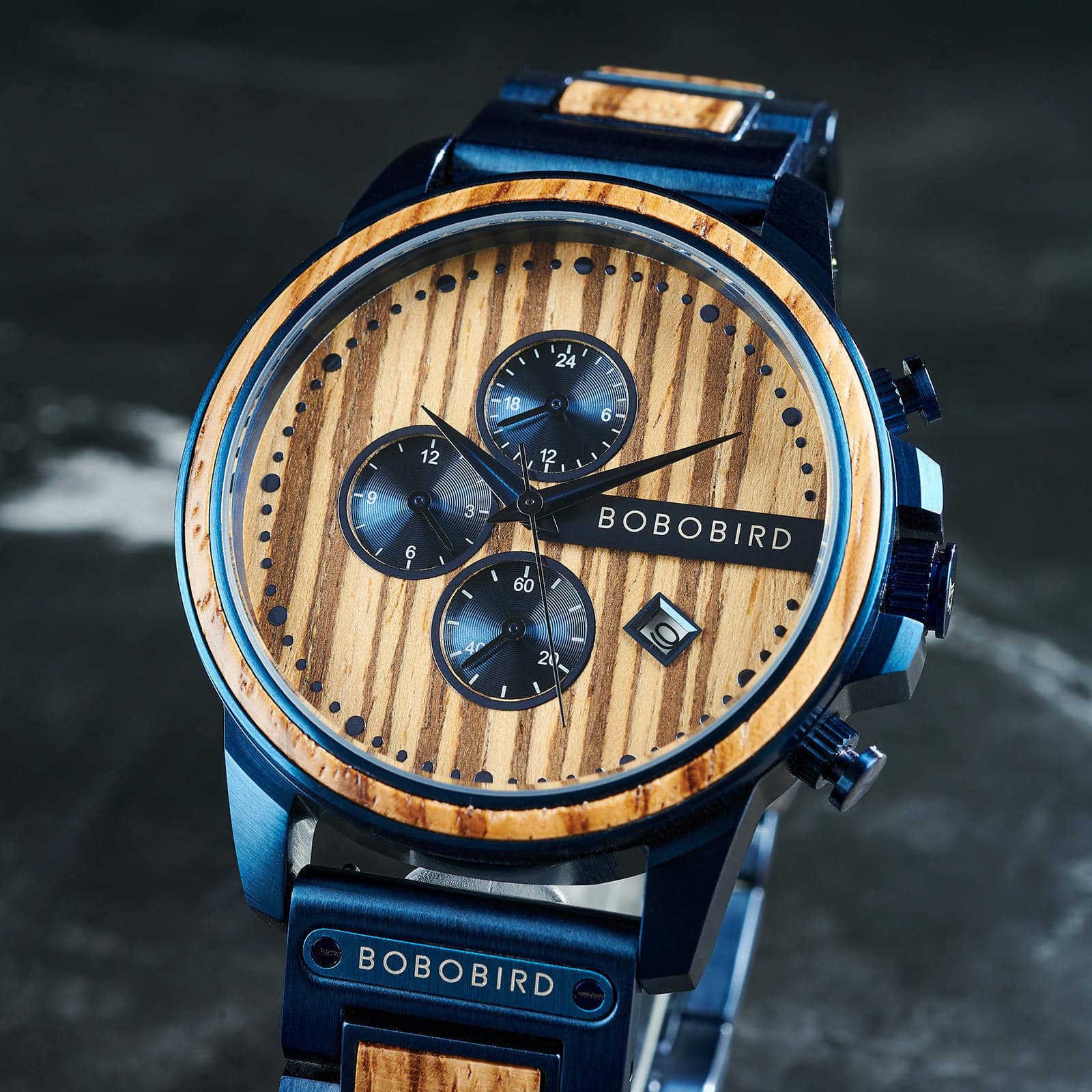 Classic Calendar Chronograph Wood Watch Zebrawood Dial Blue Stainless steel 45MM Limited Edition 7