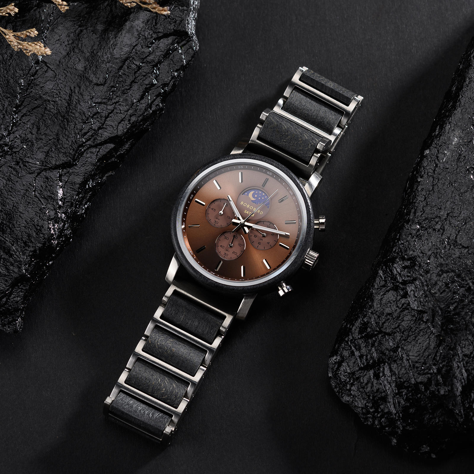 Classic Chronograph Moonphase Watch Grey Maple Black 6