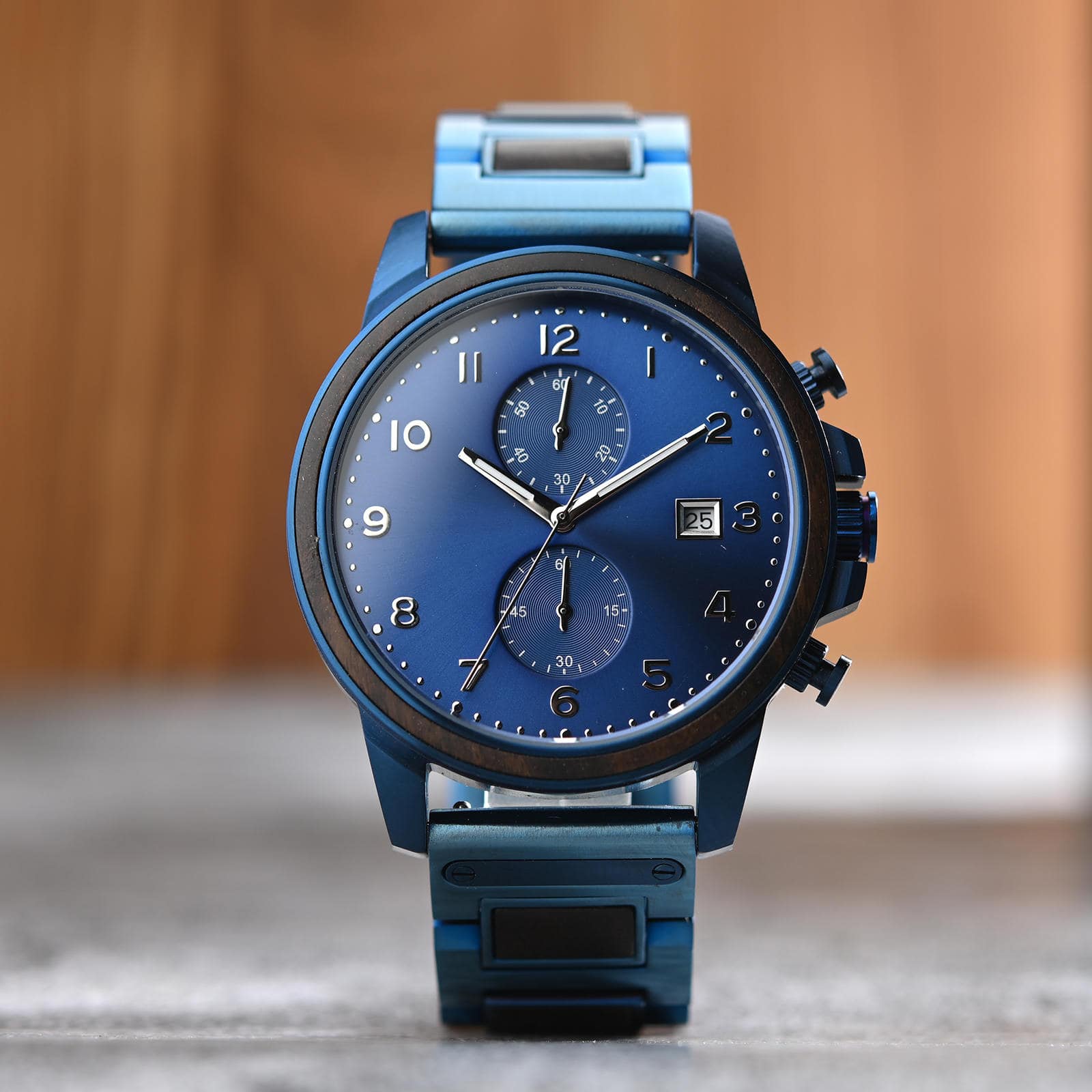 Classic Chronograph Wooden Watch Ebony Wood Blue Limited Edition