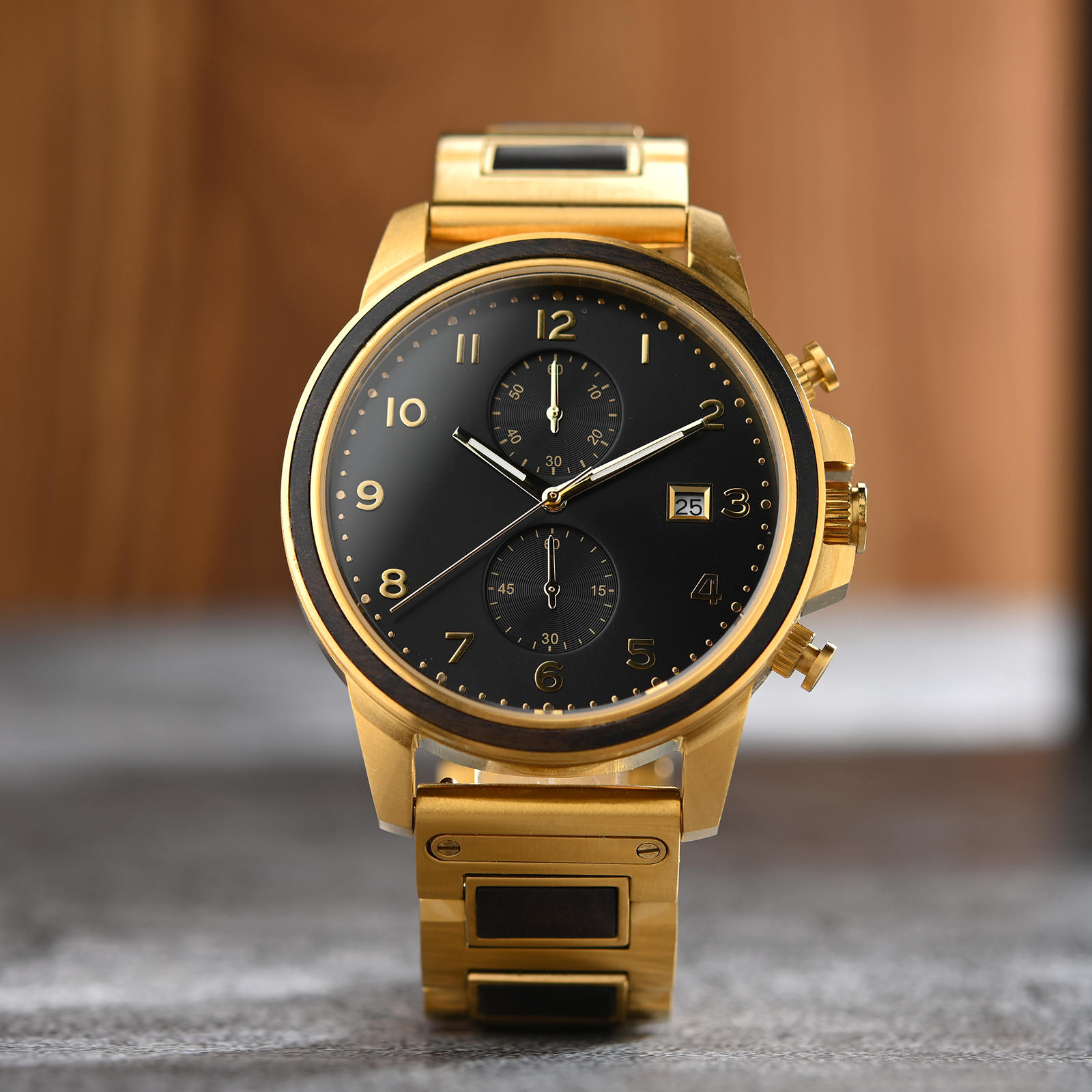 Classic Chronograph Wooden Watch Ebony Wood Gold Limited Edition