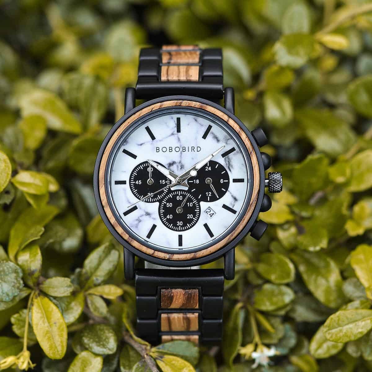 Classic Handmade Zebra Wood Watch Marbled Dial Men's Chronograph Wooden Watch