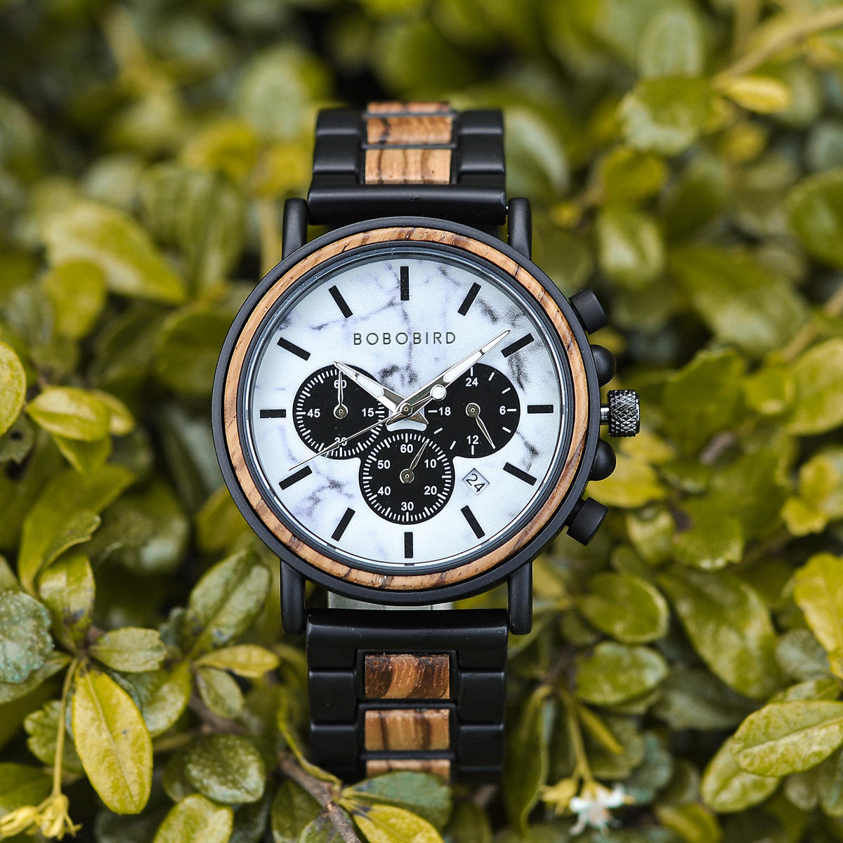 Classic Handmade Zebra Wood Watch Marbled Dial Men's Chronograph Wooden Watch