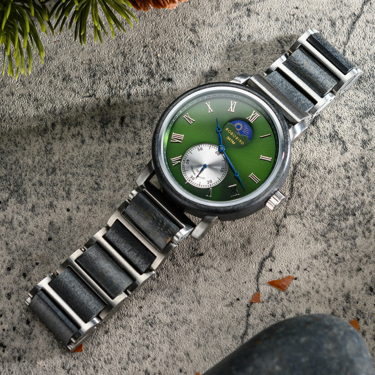 Classic Mens Wood Watch Moonphase Grey Green _18