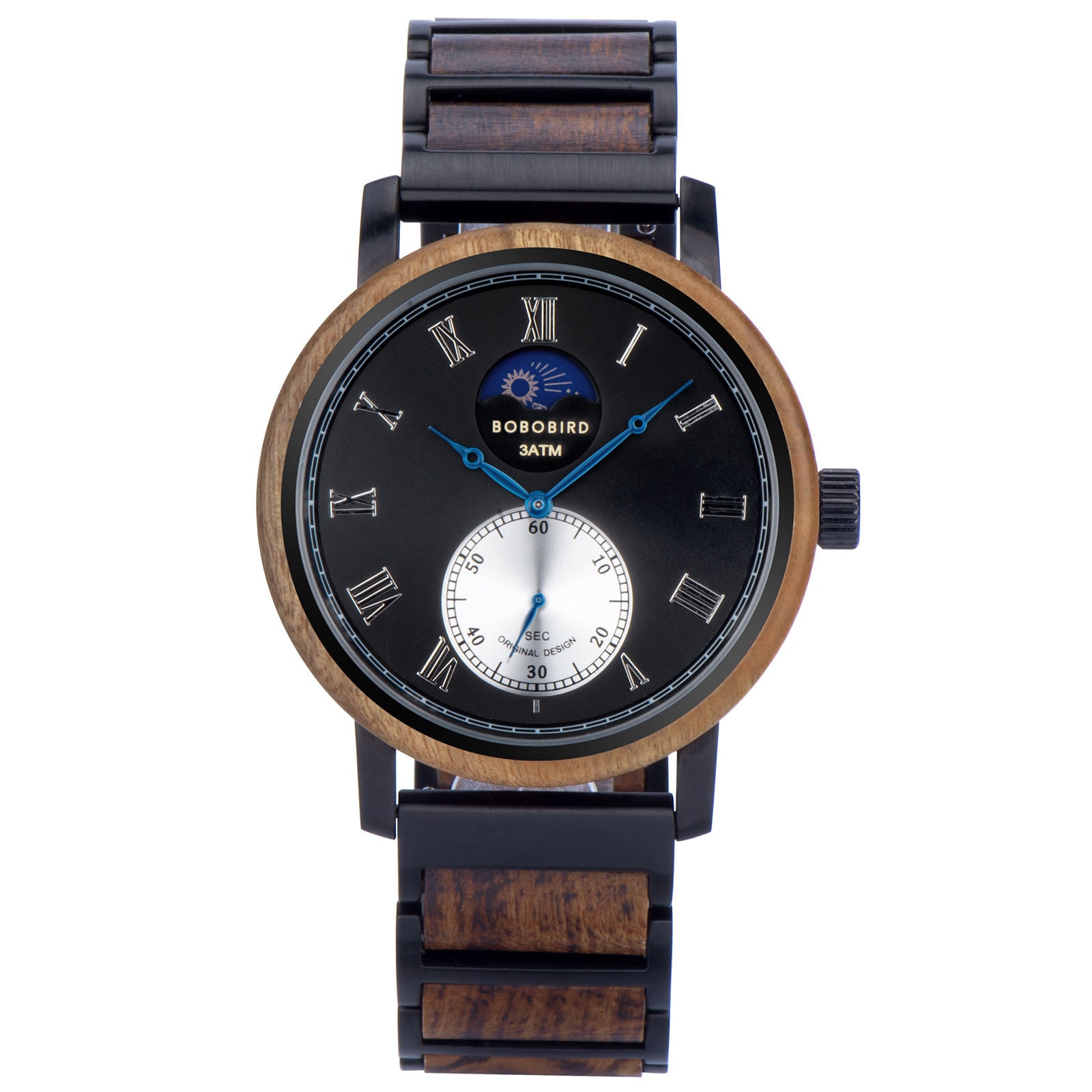 Classic Mens Wood Watch Moonphase Tigerwood Black 1