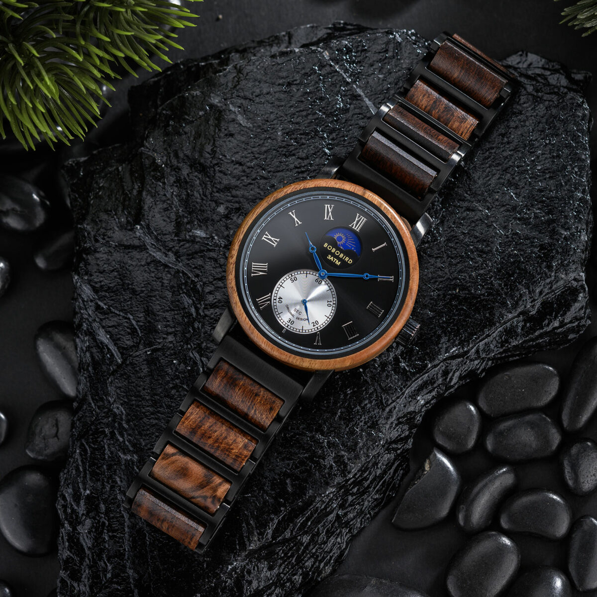 Classic Mens Wood Watch Moonphase Tigerwood Black _12