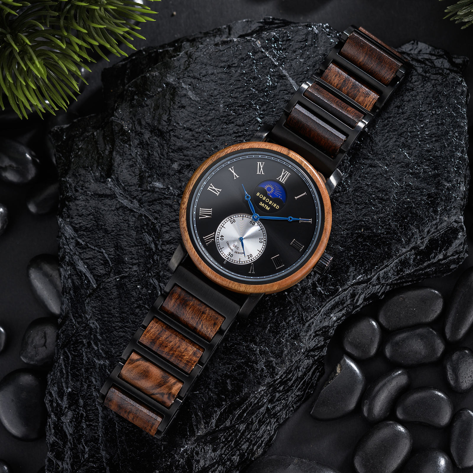 Classic Mens Wood Watch Moonphase Tigerwood Black 12