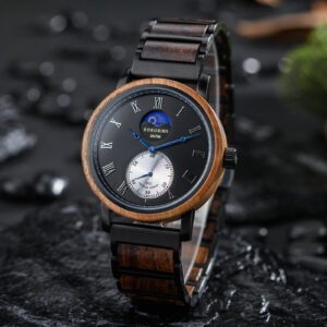 Classic Mens Wood Watch Moonphase Tigerwood Black _7
