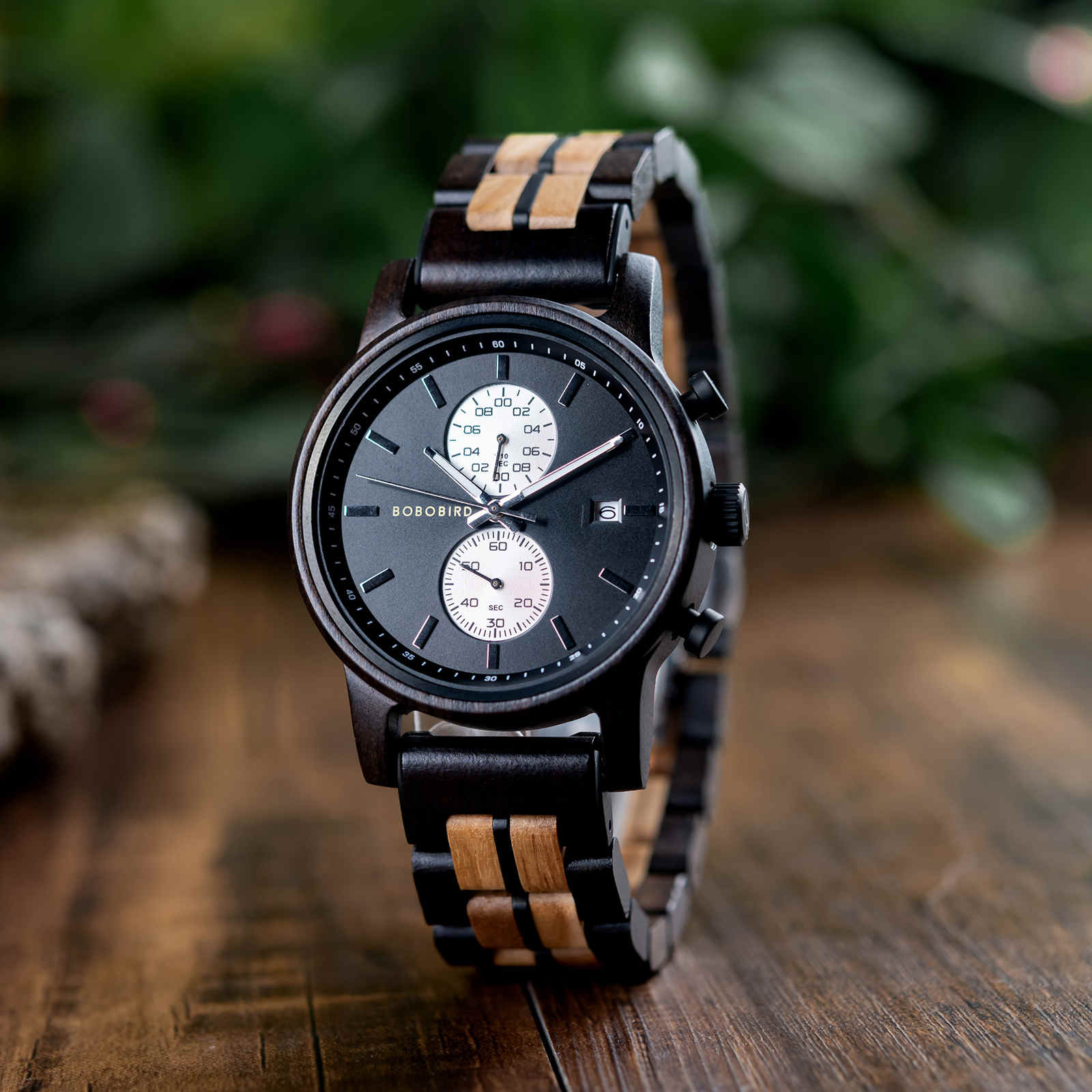 Classic Mens Wooden Watches Ebony Oak Black Chronograph GT115 1 8