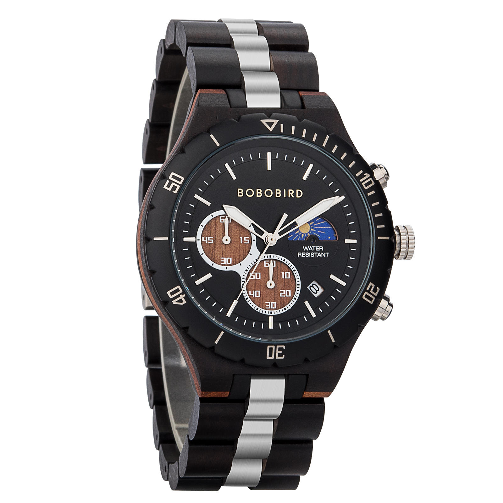 Classic Multifunctional Chronograph Moonphase Wooden Watch Ebony Black Hunter 2