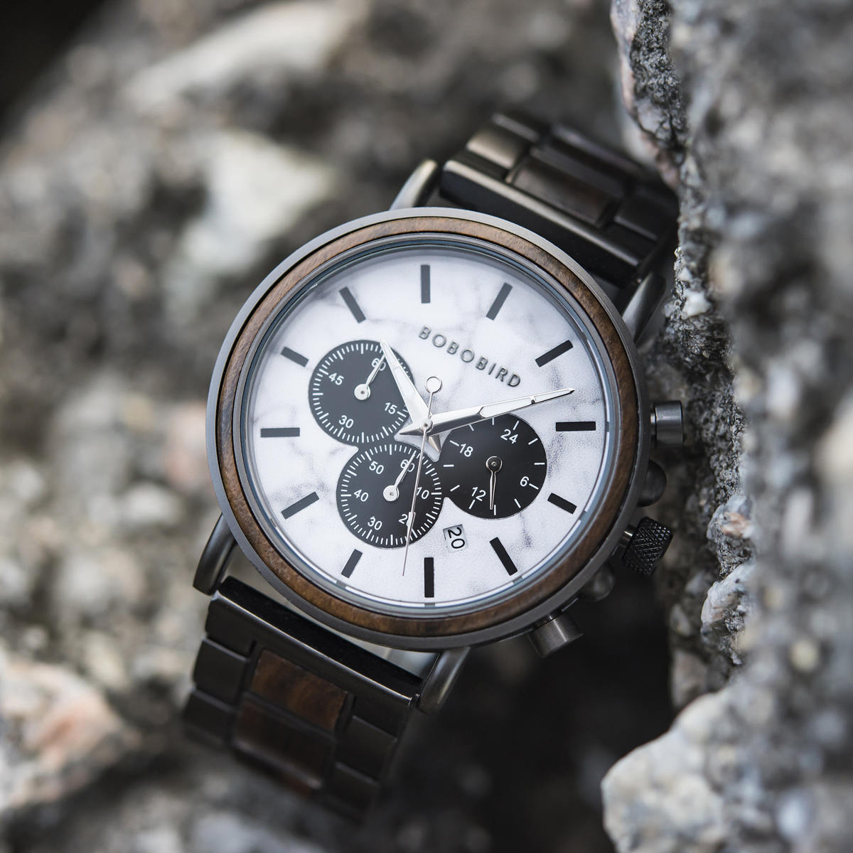 Classic Natural Ebony & Marble Handmade Mens Wooden Watch - Aurora