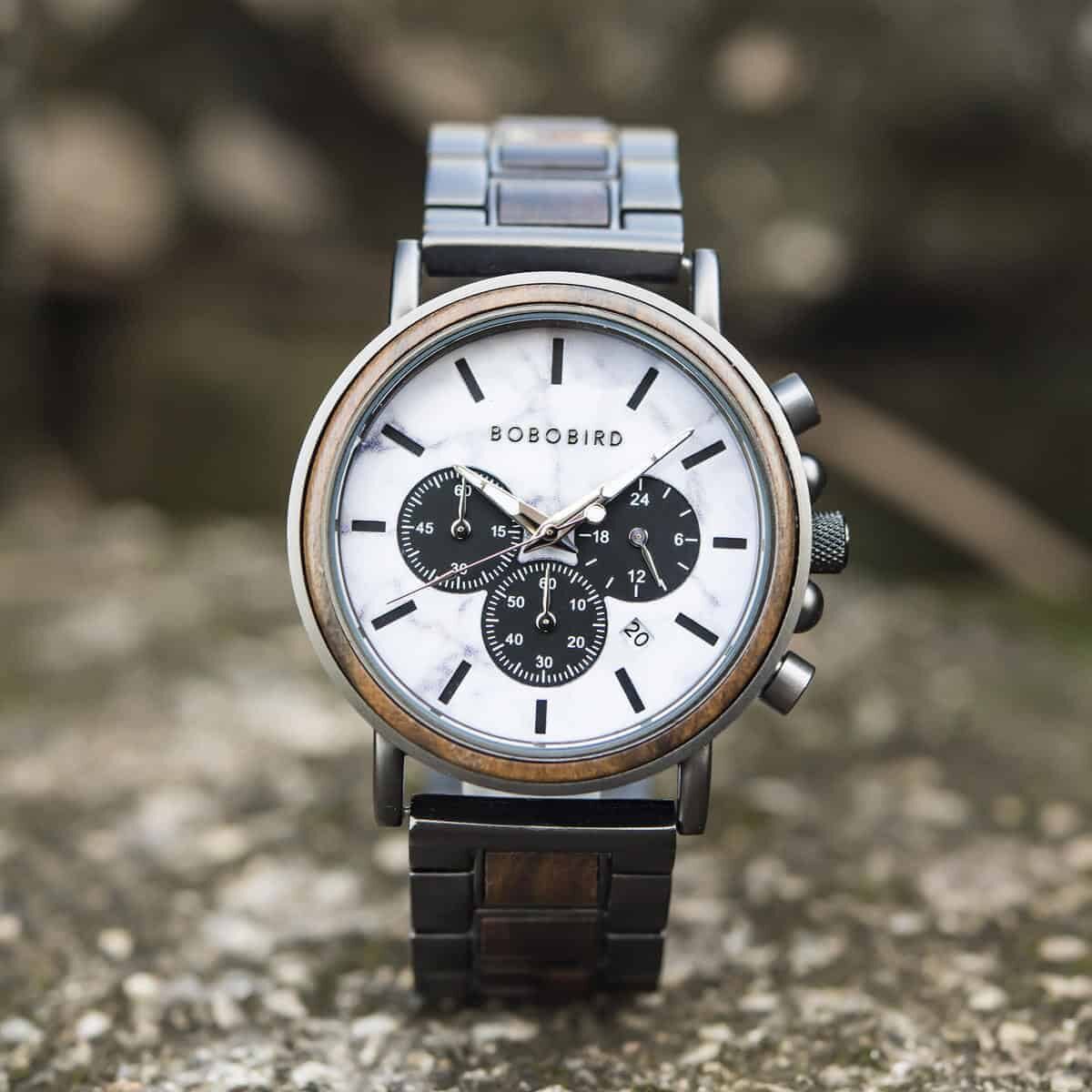 Classic Natural Ebony & Marble Handmade Mens Wooden Watch - Aurora