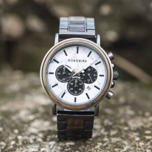 Classic Natural Ebony & Marble Handmade Mens Wooden Watch - Aurora