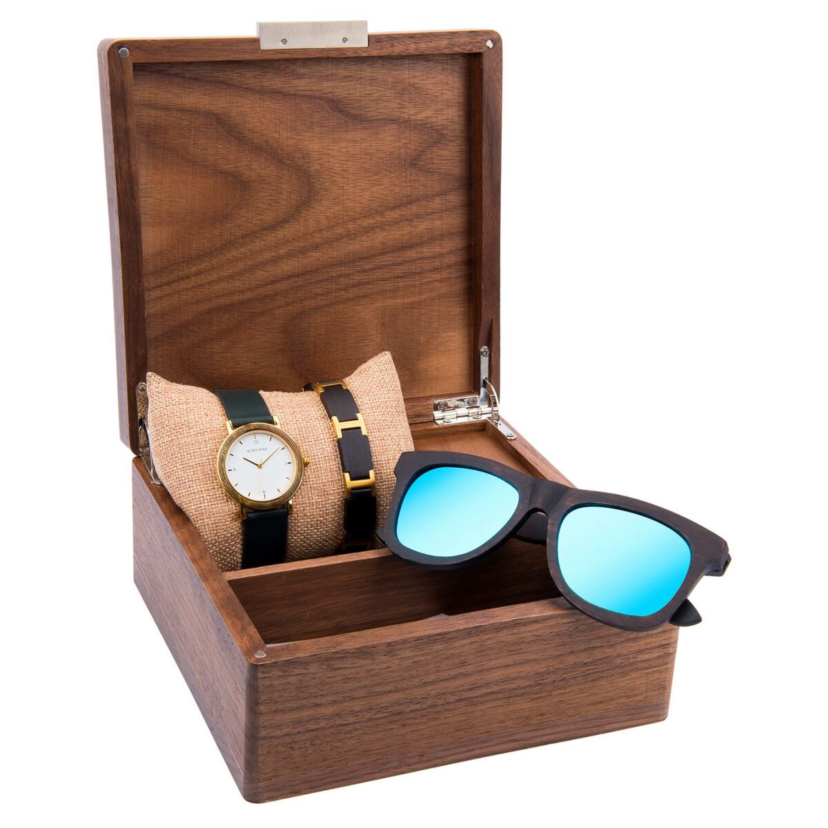 Green Sandalwood Wooden Watch for Women + Sunglasses + Wooden Bracelet Gift Box Set