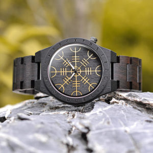 Handmade Natural Ebony Engraved Wooden Watch Scandinavian Runes Helm of Awe T16-1-1