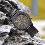 Handmade Natural Ebony Engraved Wooden Watch Scandinavian Runes Helm of Awe T16-1
