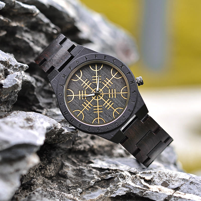 Handmade Natural Ebony Engraved Wooden Watch Scandinavian Runes Helm of Awe T16-1