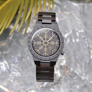 Handmade Natural Ebony Engraved Wooden Watch Scandinavian Runes Helm of Awe T16-1-3