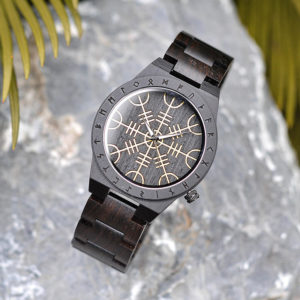 Handmade Natural Ebony Engraved Wooden Watch Scandinavian Runes Helm of Awe T16-1-4