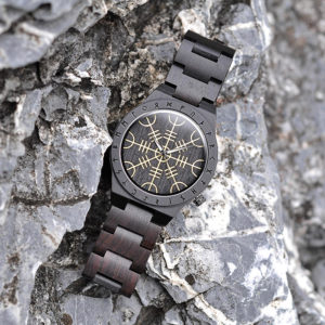 Handmade Natural Ebony Engraved Wooden Watch Scandinavian Runes Helm of Awe T16-1-5