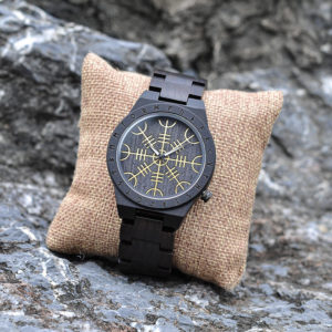 Handmade Natural Ebony Engraved Wooden Watch Scandinavian Runes Helm of Awe T16-1-6