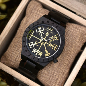 Handmade Natural Ebony wood Engraved Wooden Watches The Viking CompassThe Runic Compass - Vegvisir T16-4-4