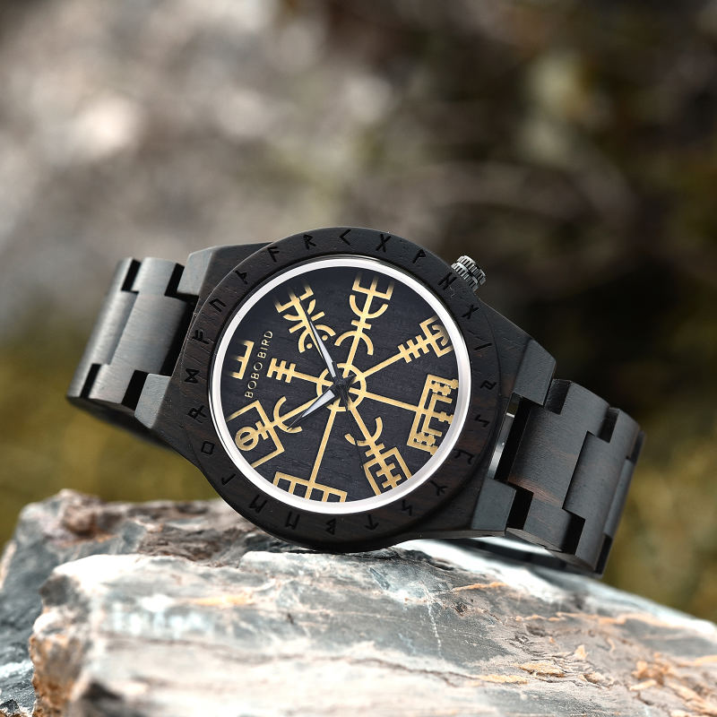 Engraved Wooden Watches The Viking Compass / The Runic Compass - Vegvisir T16-4