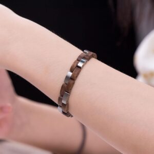 Handmade Natural Walnut Wooden Bracelet Silver - Duet_13