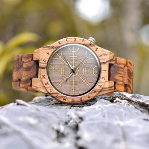 Handmade Natural Zebrawood Engraved Wooden Watches Scandinavian Runes - Helm of Awe T16-2-1
