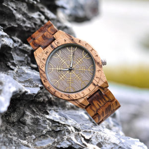 Handmade Natural Zebrawood Engraved Wooden Watches Scandinavian Runes - Helm of Awe T16-2-3