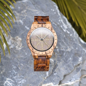 Handmade Natural Zebrawood Engraved Wooden Watches Scandinavian Runes - Helm of Awe T16-2-4