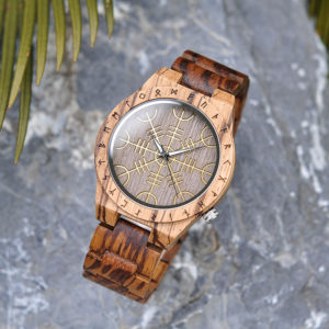 Handmade Natural Zebrawood Engraved Wooden Watches Scandinavian Runes - Helm of Awe T16-2
