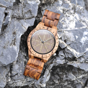 Handmade Natural Zebrawood Engraved Wooden Watches Scandinavian Runes - Helm of Awe T16-2-6