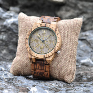 Handmade Natural Zebrawood Engraved Wooden Watches Scandinavian Runes - Helm of Awe T16-2-7