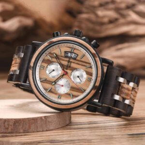 Handmade Zebrawood & Stainless Steel Combined Chronograph Mens Wooden Watch - Galahad S18-3_1500_9
