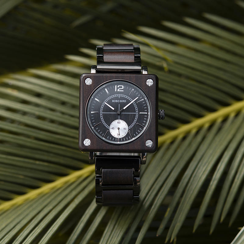 Men's Natural Wooden Watches Square Dial Chrono Luxury Quartz Personalized Wood Watch R14-1